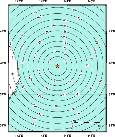 緊急地震速報第1報提供から主要動到達までの時間及び推計震度分布図