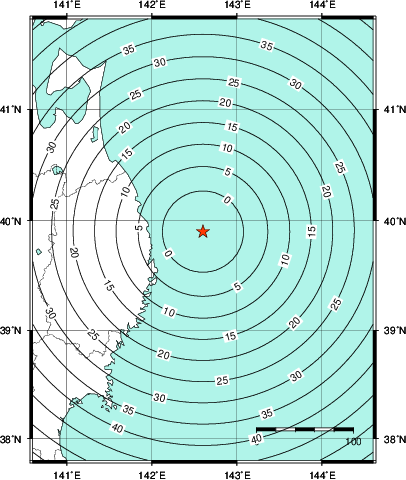 緊急地震速報第1報提供から主要動到達までの時間及び推計震度分布図