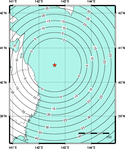 緊急地震速報第1報提供から主要動到達までの時間及び推計震度分布図