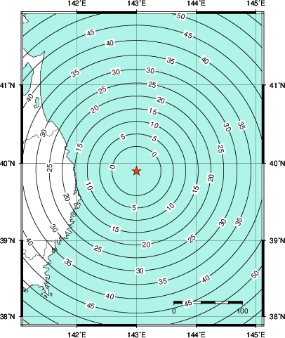 緊急地震速報第1報提供から主要動到達までの時間及び推計震度分布図