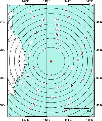 緊急地震速報第1報提供から主要動到達までの時間及び推計震度分布図