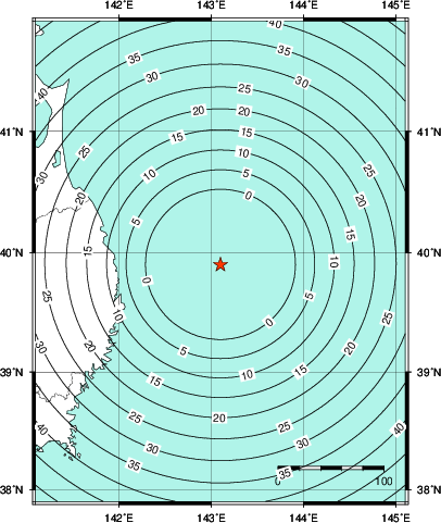緊急地震速報第1報提供から主要動到達までの時間及び推計震度分布図