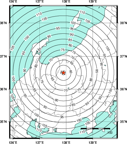 緊急地震速報第1報提供から主要動到達までの時間及び推計震度分布図
