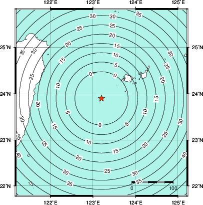 緊急地震速報第1報提供から主要動到達までの時間及び推計震度分布図