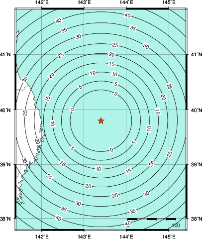 緊急地震速報第1報提供から主要動到達までの時間及び推計震度分布図