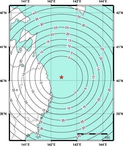 緊急地震速報第1報提供から主要動到達までの時間及び推計震度分布図