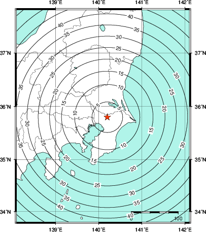 緊急地震速報第1報提供から主要動到達までの時間及び推計震度分布図