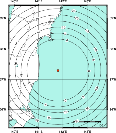 緊急地震速報第1報提供から主要動到達までの時間及び推計震度分布図