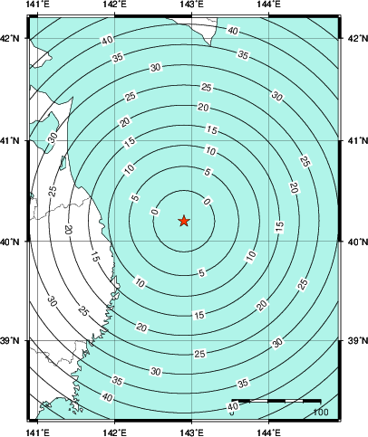 緊急地震速報第1報提供から主要動到達までの時間及び推計震度分布図