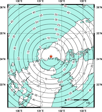 緊急地震速報第1報提供から主要動到達までの時間及び推計震度分布図