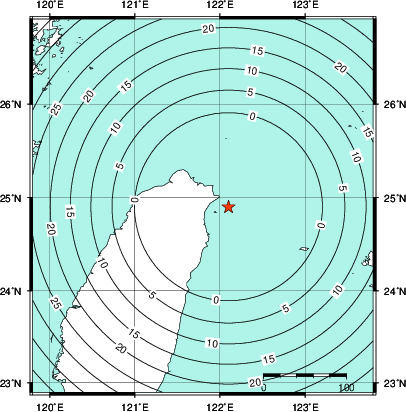 緊急地震速報第1報提供から主要動到達までの時間及び推計震度分布図