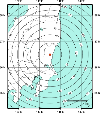 緊急地震速報第1報提供から主要動到達までの時間及び推計震度分布図