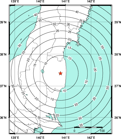 緊急地震速報第1報提供から主要動到達までの時間及び推計震度分布図