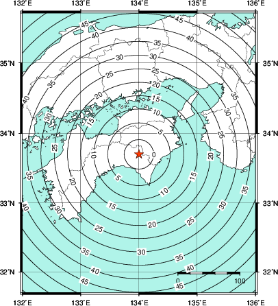 緊急地震速報第1報提供から主要動到達までの時間及び推計震度分布図