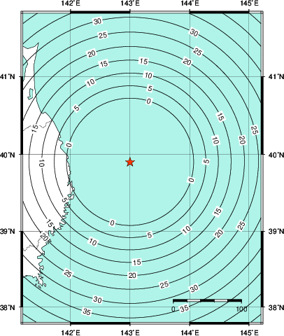 緊急地震速報第1報提供から主要動到達までの時間及び推計震度分布図