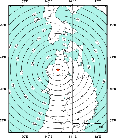 緊急地震速報第1報提供から主要動到達までの時間及び推計震度分布図