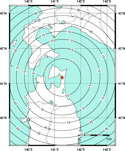 緊急地震速報第1報提供から主要動到達までの時間及び推計震度分布図