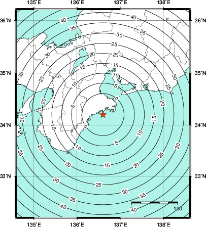 緊急地震速報第1報提供から主要動到達までの時間及び推計震度分布図