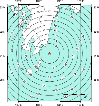 緊急地震速報第1報提供から主要動到達までの時間及び推計震度分布図