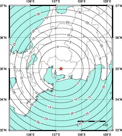 緊急地震速報第1報提供から主要動到達までの時間及び推計震度分布図