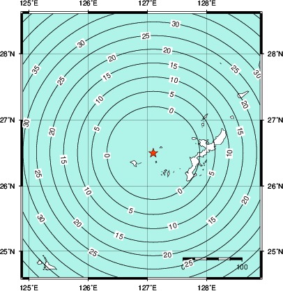 緊急地震速報第1報提供から主要動到達までの時間及び推計震度分布図