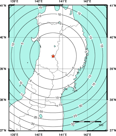 緊急地震速報第1報提供から主要動到達までの時間及び推計震度分布図