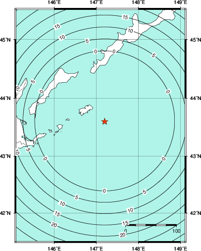 緊急地震速報第1報提供から主要動到達までの時間及び推計震度分布図