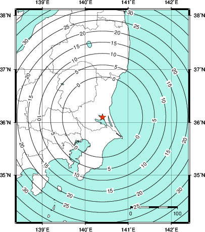 緊急地震速報第1報提供から主要動到達までの時間及び推計震度分布図