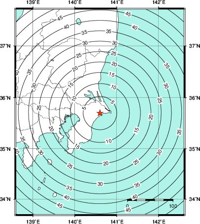 緊急地震速報第1報提供から主要動到達までの時間及び推計震度分布図