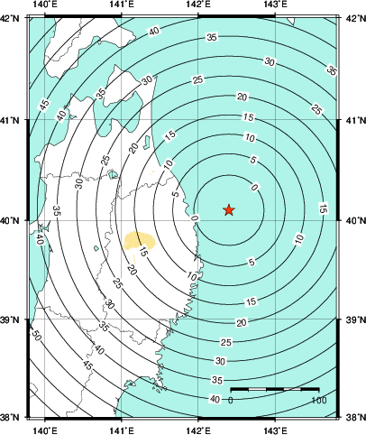 緊急地震速報第1報提供から主要動到達までの時間及び推計震度分布図