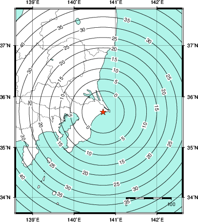 緊急地震速報第1報提供から主要動到達までの時間及び推計震度分布図