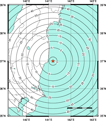 緊急地震速報第1報提供から主要動到達までの時間及び推計震度分布図