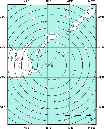 緊急地震速報第1報提供から主要動到達までの時間及び推計震度分布図