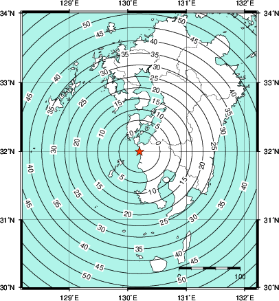 緊急地震速報第1報提供から主要動到達までの時間及び推計震度分布図