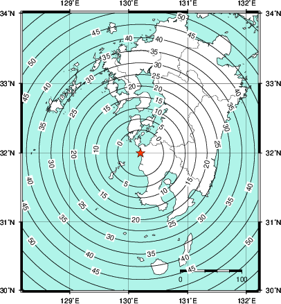 緊急地震速報第1報提供から主要動到達までの時間及び推計震度分布図