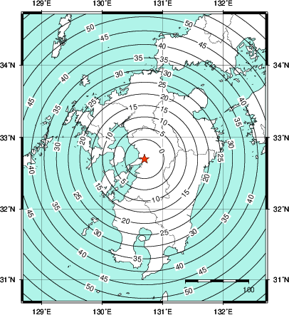 緊急地震速報第1報提供から主要動到達までの時間及び推計震度分布図