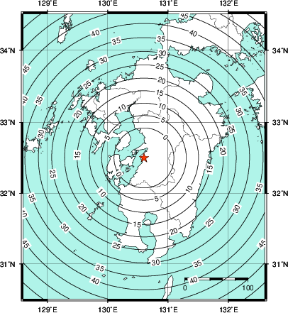 緊急地震速報第1報提供から主要動到達までの時間及び推計震度分布図