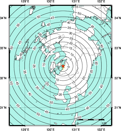 緊急地震速報第1報提供から主要動到達までの時間及び推計震度分布図