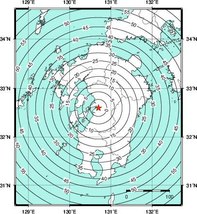 緊急地震速報第1報提供から主要動到達までの時間及び推計震度分布図