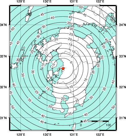緊急地震速報第1報提供から主要動到達までの時間及び推計震度分布図