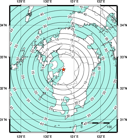 緊急地震速報第1報提供から主要動到達までの時間及び推計震度分布図