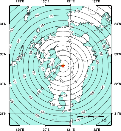 緊急地震速報第1報提供から主要動到達までの時間及び推計震度分布図