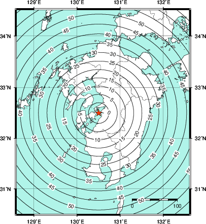 緊急地震速報第1報提供から主要動到達までの時間及び推計震度分布図