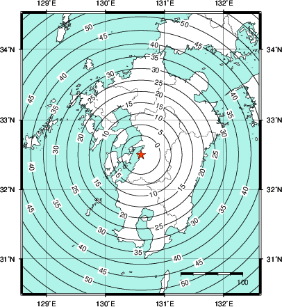 緊急地震速報第1報提供から主要動到達までの時間及び推計震度分布図