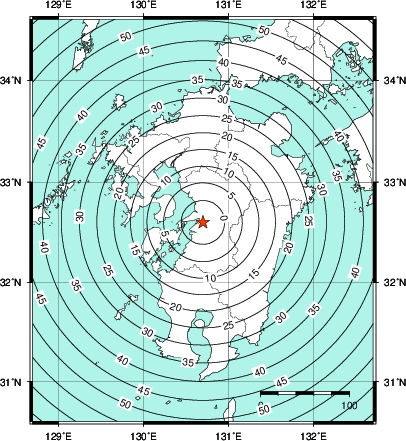 緊急地震速報第1報提供から主要動到達までの時間及び推計震度分布図