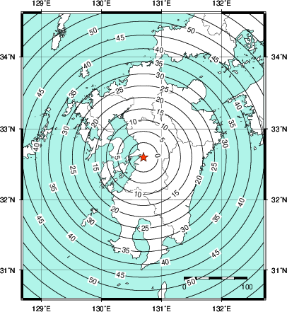 緊急地震速報第1報提供から主要動到達までの時間及び推計震度分布図