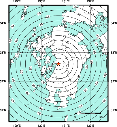 緊急地震速報第1報提供から主要動到達までの時間及び推計震度分布図