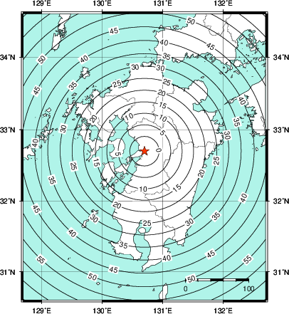 緊急地震速報第1報提供から主要動到達までの時間及び推計震度分布図