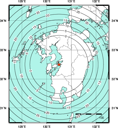 緊急地震速報第1報提供から主要動到達までの時間及び推計震度分布図