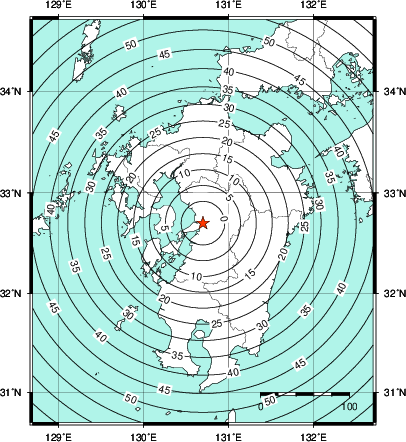 緊急地震速報第1報提供から主要動到達までの時間及び推計震度分布図